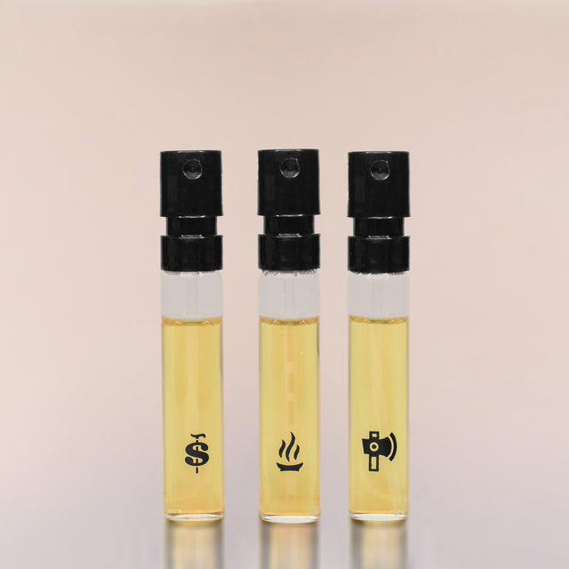 Three vials of Beardbrand Fragrance Samples—Old Money, Temple Smoke and Tree Ranger.
